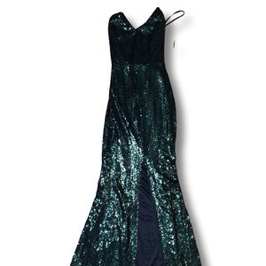 Windsor Hunters Green Sequined Formal Dress w/ Low Back & High Thigh Split Sz S